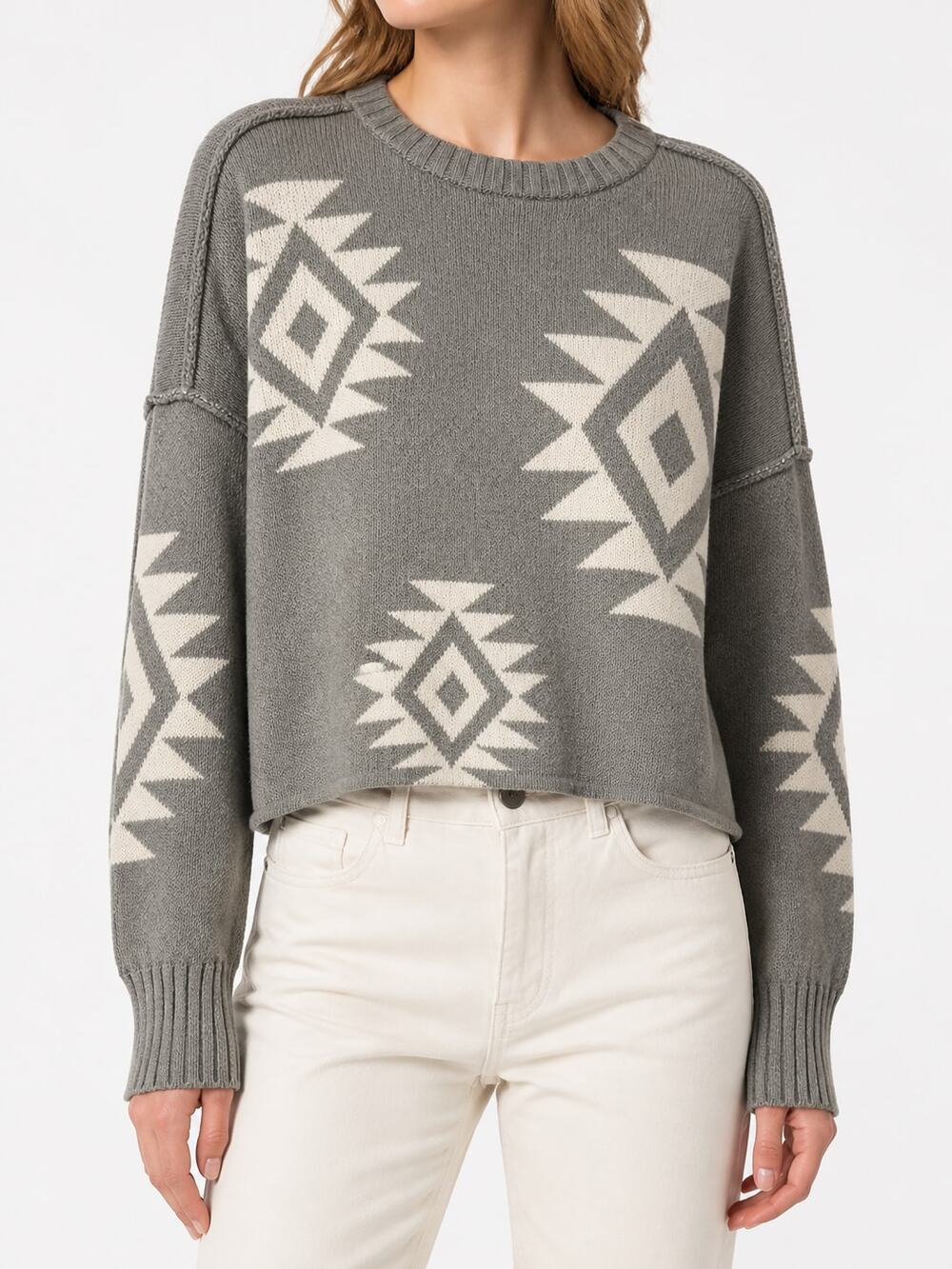 Haute Hippie Women's Geometric Crewneck Sweater Gray Ivory XL Cozy Quiet Luxury